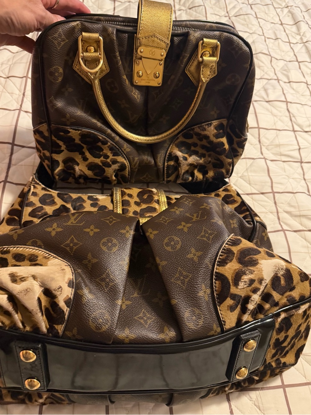 Luxury Brown Leopard Print Satchel Bag with Gold Accents